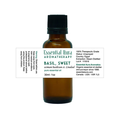 bottle of basil essential oil
